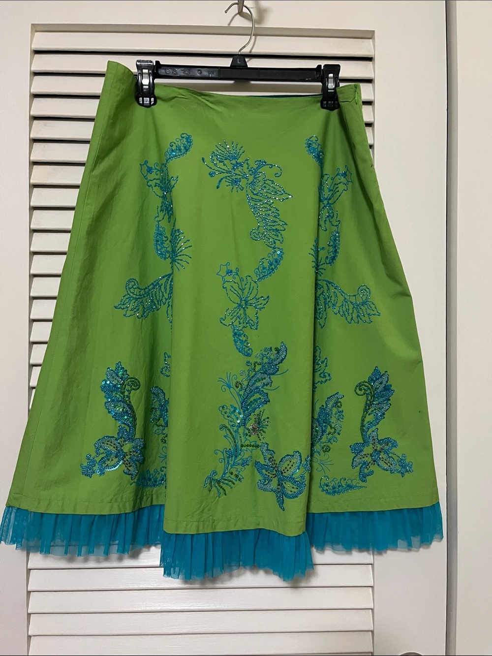 Bright Green Circle Skirt with Teal Sequin Embellishment